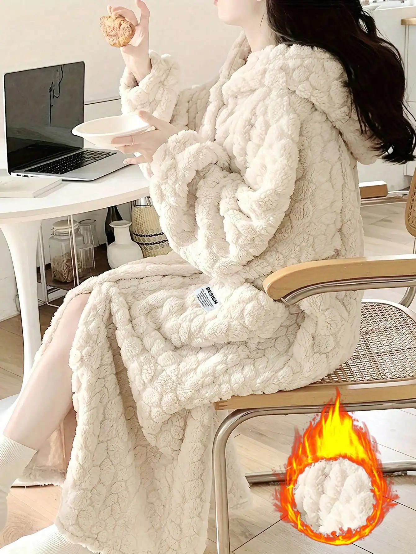 

Women's Cream Solid Fluffy Hooded Robe, Warm Thermal Lined Long Sleeve Loose Bathrobe with Pockets for Fall Winter