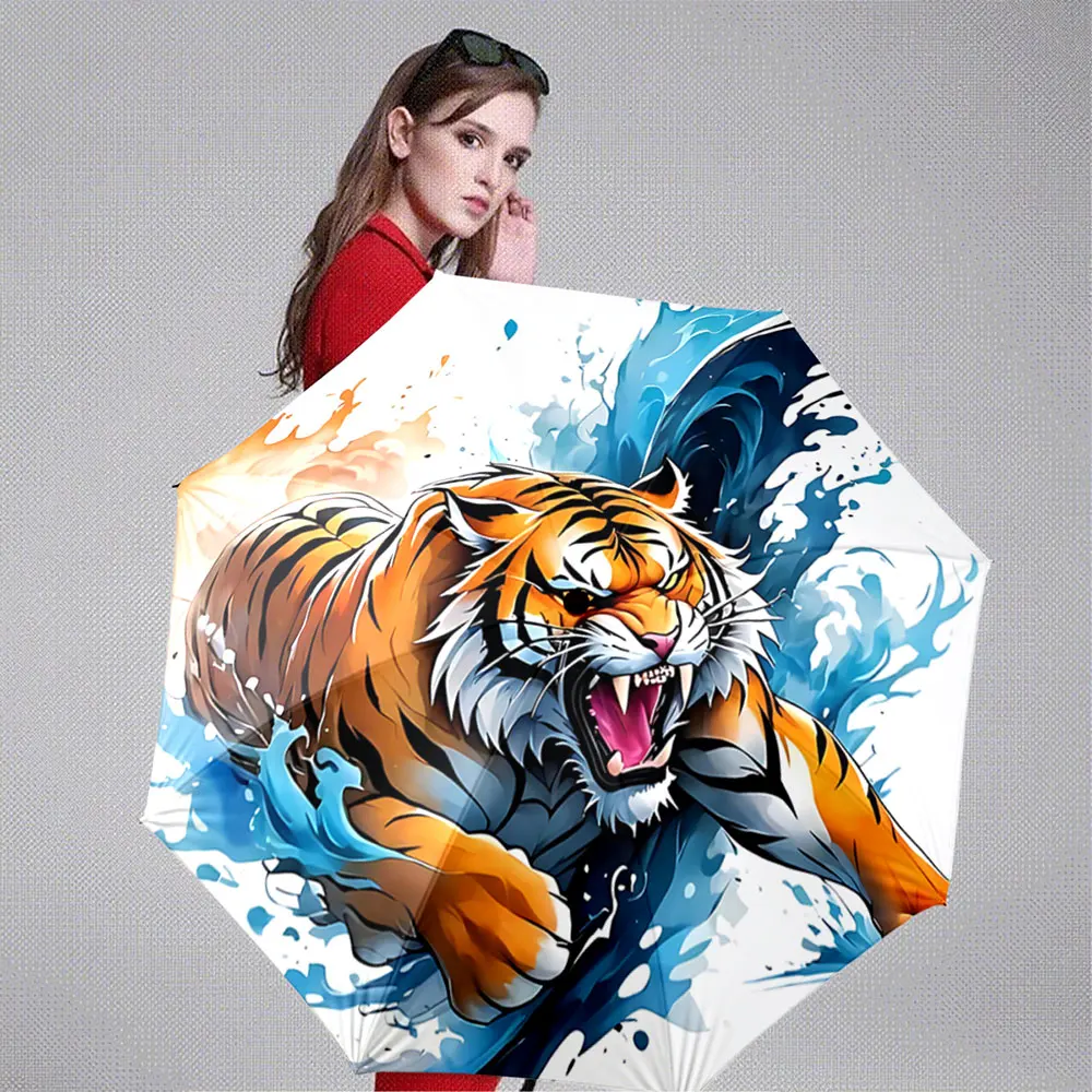 Fierce Tiger Charging Through Water Splashes Pattern on Umbrella Portable Folding Umbrella, Gift for Family And Friends