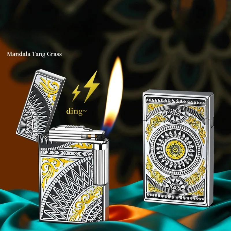 2026 Color Paint Mandala Tang Grass Loud Voice Lighter Classic Side Pulley Ignition Metal Butane Gas Lighters Smoking (No Gas)