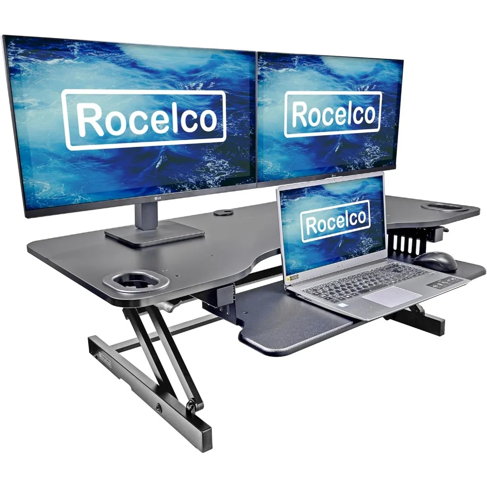 Height Adjustable Desk Converter with Slide-Out Keyboard Tray for Triple Monitor Setup and Standing Desk Use