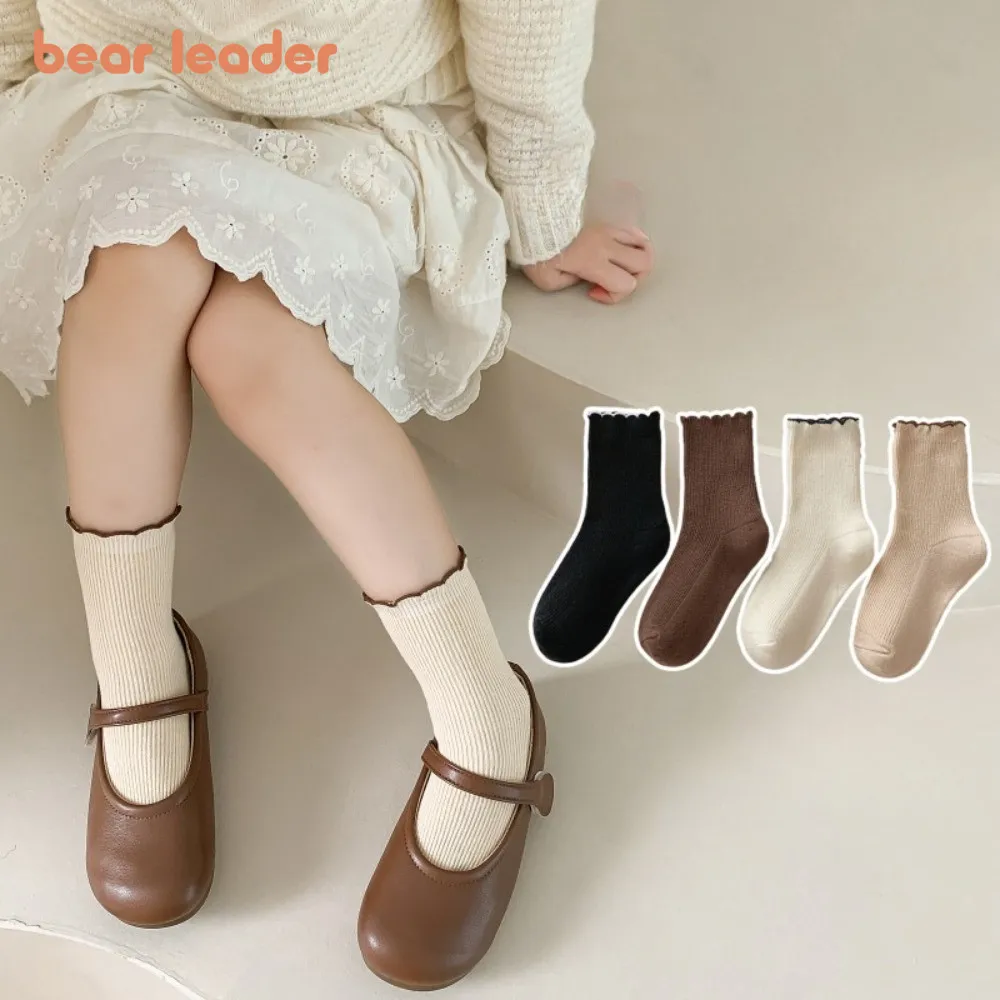 Bear Leader Korean Wooden Ear Edges Lace Solid Color Girls Accessories Mid Length Kid Socks Spring Autumn Casual Wear
