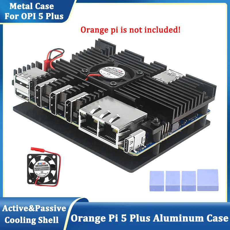 Orange Pi 5 Plus Case Aluminum Shell Active Passive Cooling Shell with Silicone Heat Sink Fan for OPI5 Plus