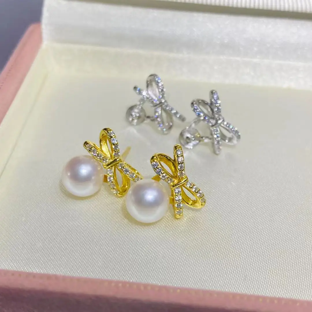 Bow Knot S925 Sterling Silver Earrings Mount Findings Settings Base Mounting Parts Accessory for 7-8mm Pearls 5 pairs/lot