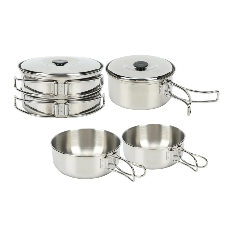 Stainless Steel Pot Camping Pot Cookware Kitchenware Stackable Storage with Storage Bag with Foldable Handle for 2-3-Person