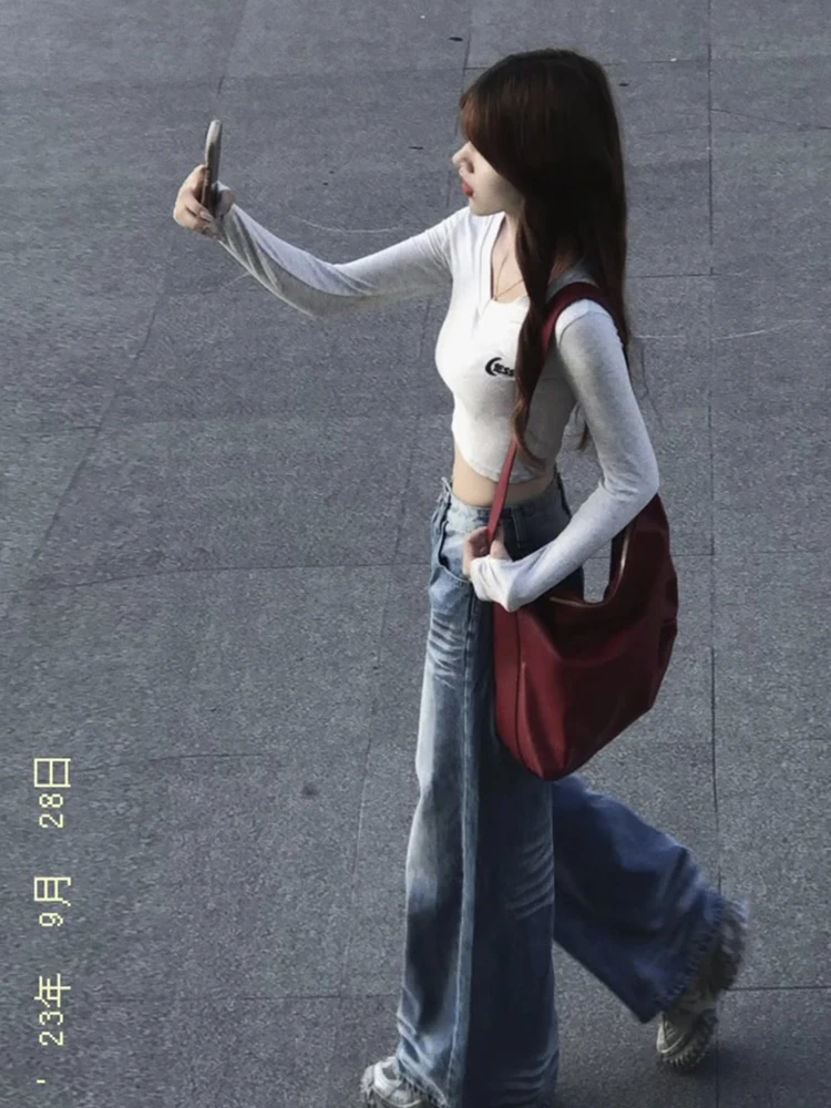 Light Blue Lightning Stripe Wide Leg Jeans Women's High Waist Floor Length Straight Lazy Pants Spring Autumn New Arrival