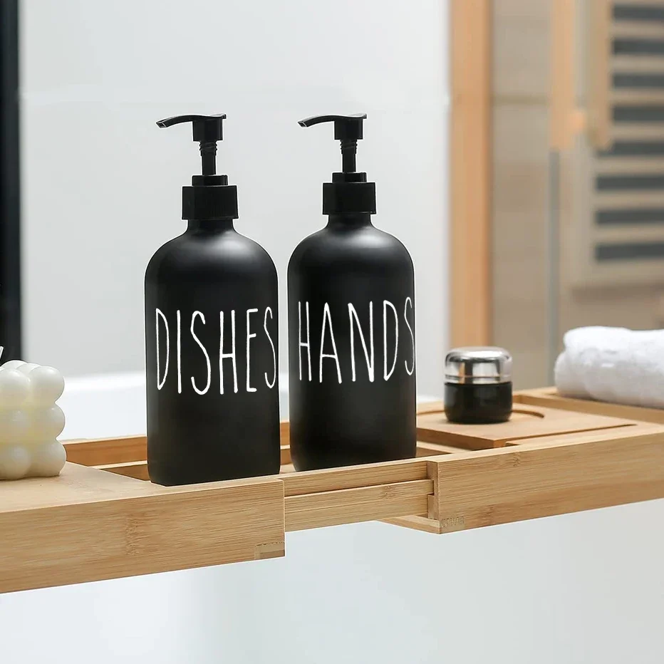 Botella de jabón de manos para cocina, dispensador de jabón negro mate de 500ml, bomba de madera de bambú, botella recargable, accesorios de baño