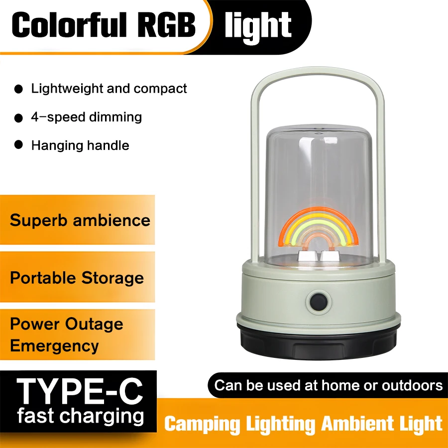 Fishing LED Light with 4 Lighting Modes Type-C Rechargeable Rainbow Camping Lantern Tent Flashlight Outdoor Emergency Light