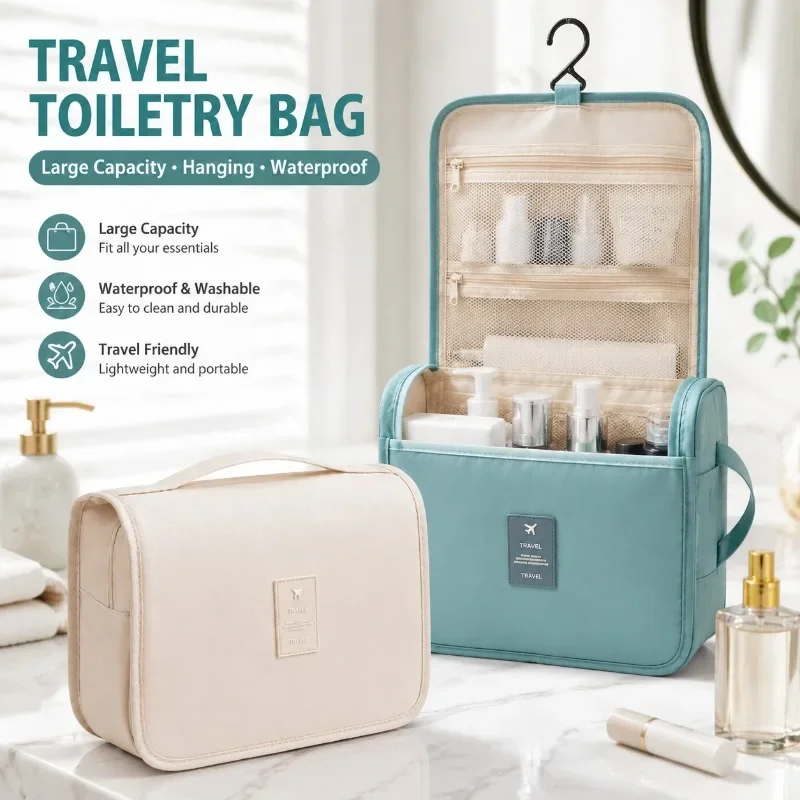 

Korean Style Waterproof Travel Storage Bag Large Capacity Portable Handheld Toiletry Bag with Hook Unisex Cosmetic Organizer