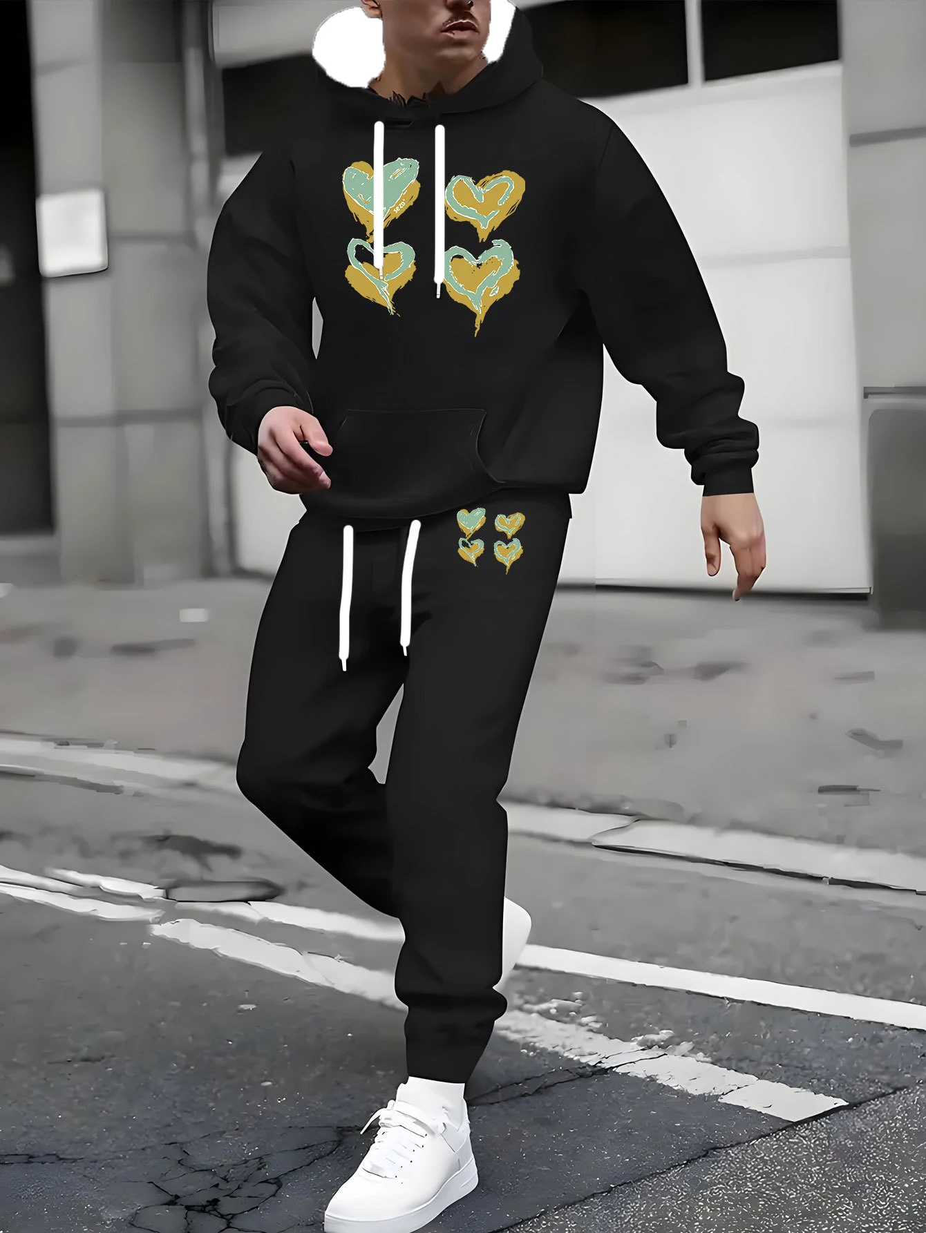 メンズ秋冬用パーカーセット ストリートウェア スポーツ 速乾性 通気性 プリント柄 カジュアル 快適 ツーピースセット