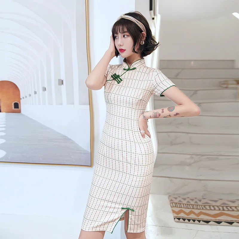 

Spring Summer Lady Short Sleeve Qipao Chinese Traditional Women Vintage Button Cheongsam Female Social Etiquette Dress