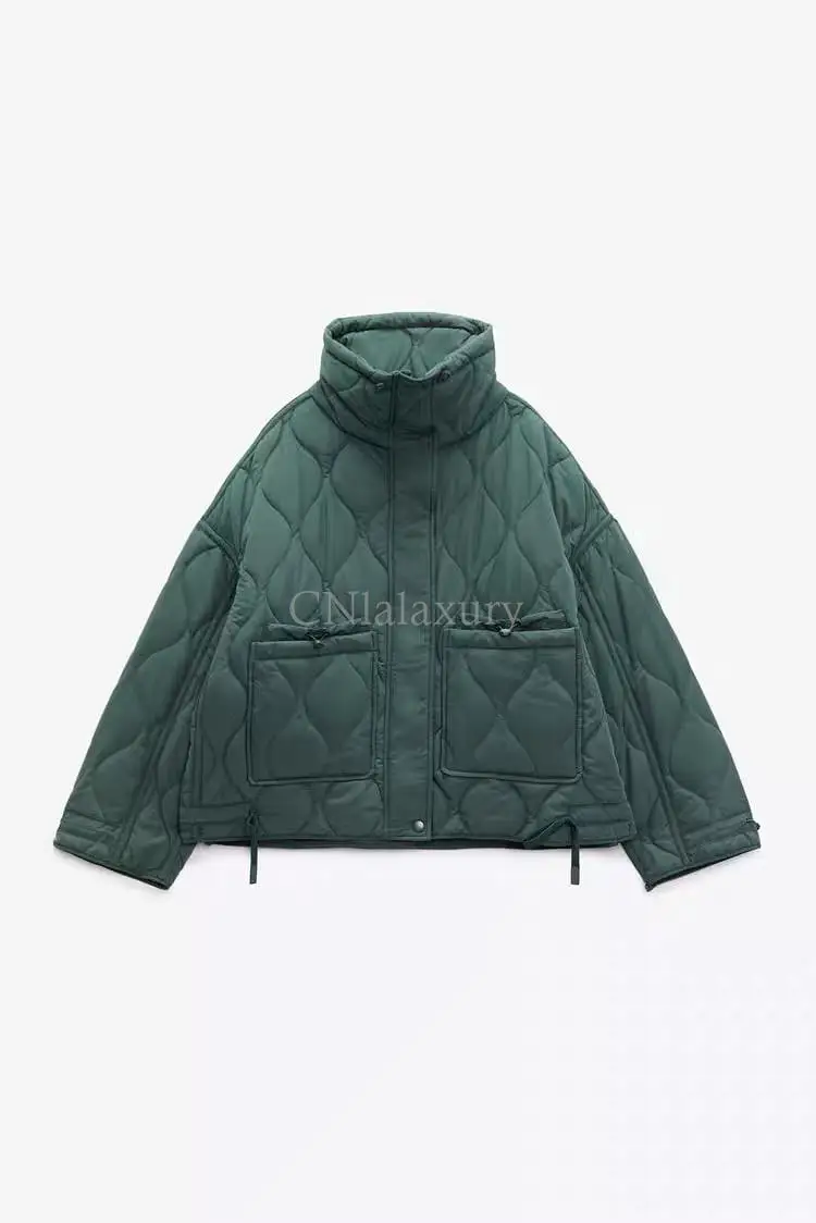 CNlalaxury 2023 New Women Autumn Winter Loose Stand Collar Jacket Solid Color Minimalist Outwear Short Drawstring Coat Tops Chic