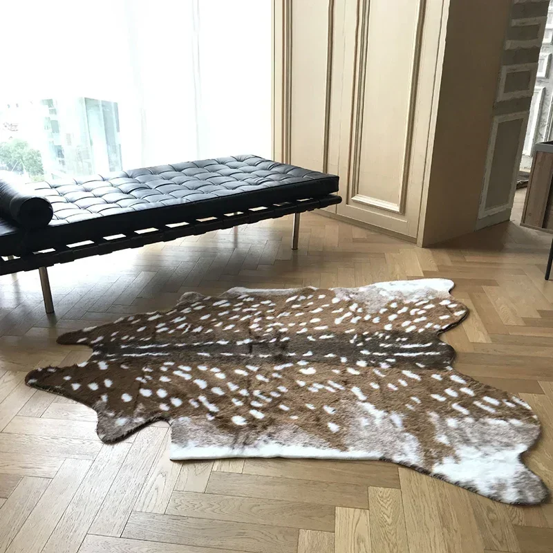 Faux Sika Deer Fur Rugs Imitation Animal Skin Carpet Floor Mat Home Decor Bedroom Bedside Animals Print Mats 110x90cm