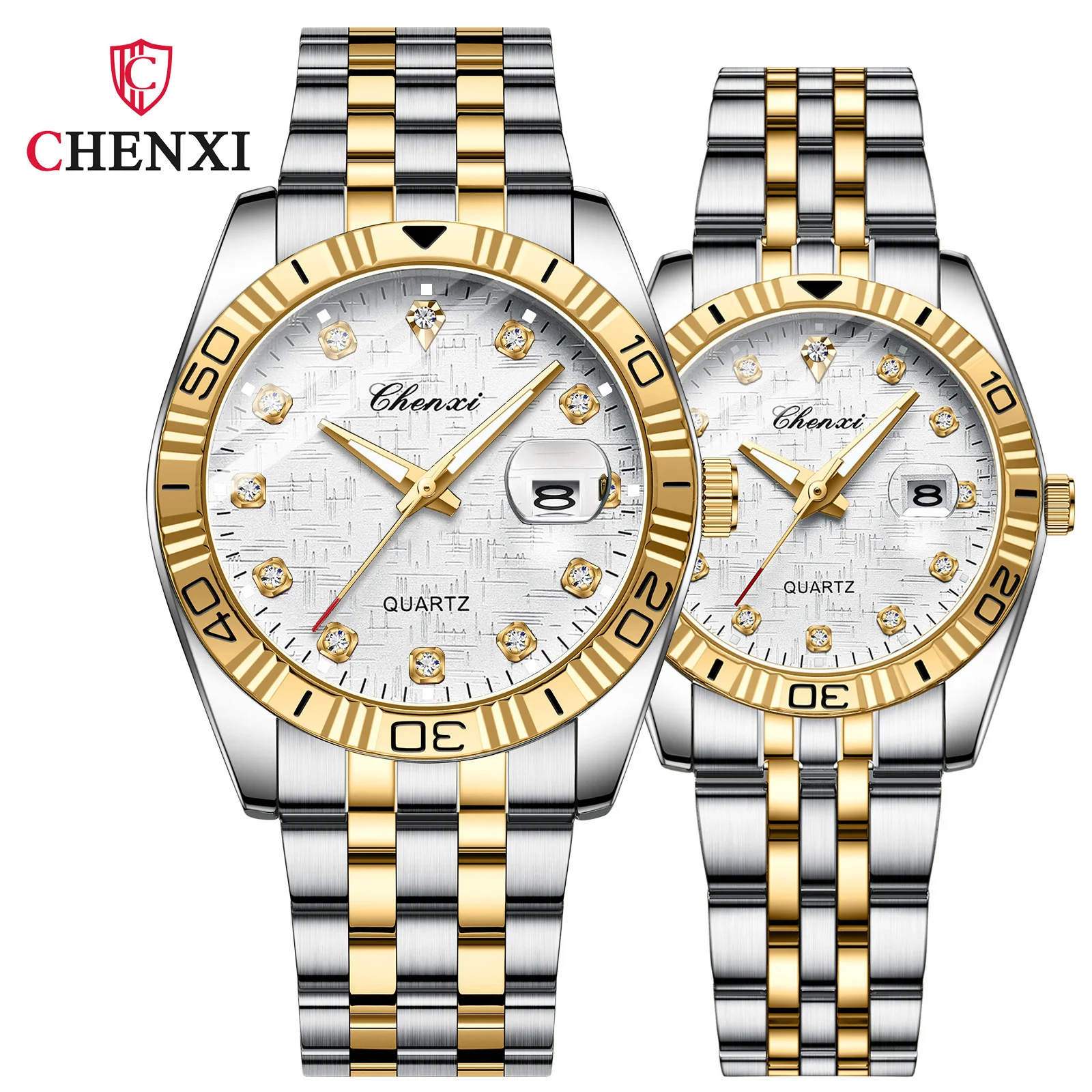 Chenxi 8201B Couple Calendar With Diamond Gold Steel Band Fashion Business Quartz Watch Relogios Feminino Wristwatch Mens