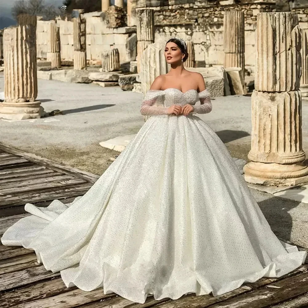 Vestidos de casamento com mangas compridas brilhantes para mulheres, lantejoulas fora do ombro, vestidos de noiva, Dubai, princesa árabe, 2024