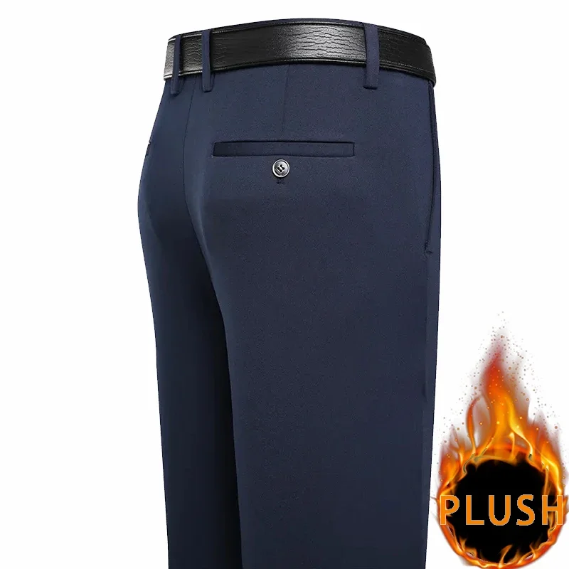 2024 Autumn Winter Men\'s Thick Warm Fleece Pants Plush Smart Casual Suit Pants Loose Straight Navy Blue Black Pants Trousers