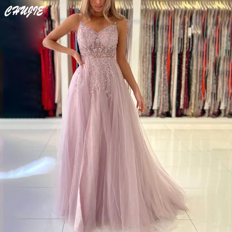 

CHUJIE Pink Tulle Appliques Prom Dress Formal Dresses Evening Gowns Customized A Line Wedding Cocktail Party Dresses robe soirée