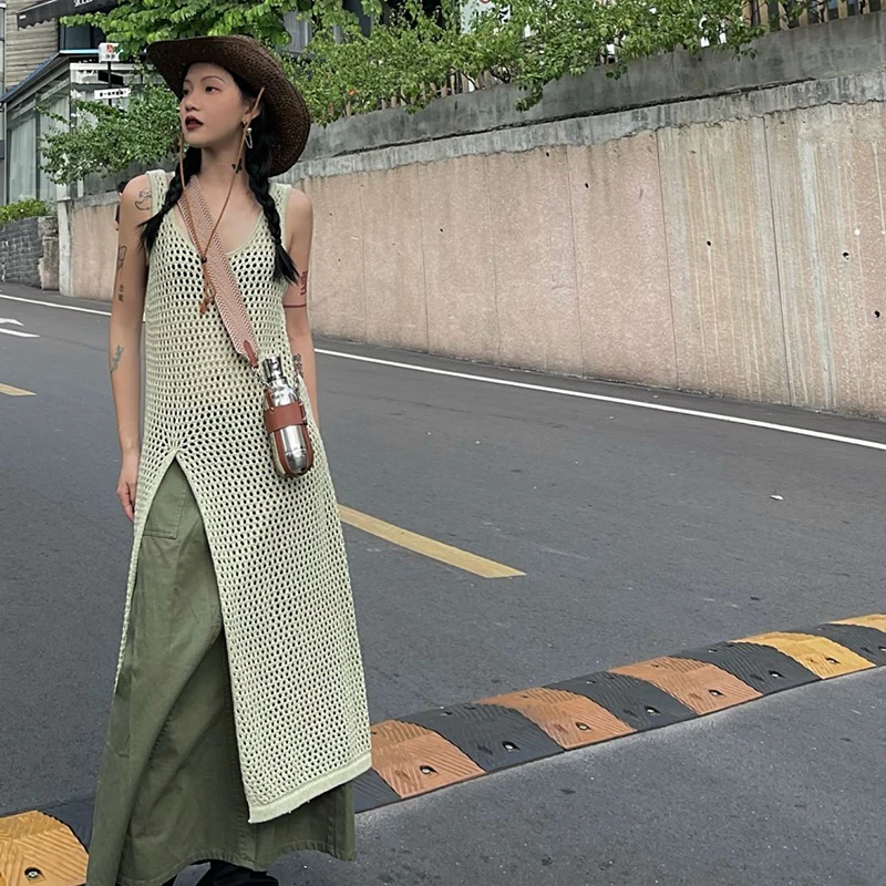 

MEXZT Sleeveless Dress Women Streetwear Hollow Out Slit Midi Dresses Y2K Vintage Harajuku Korean Holiday Casual A Line Sundress