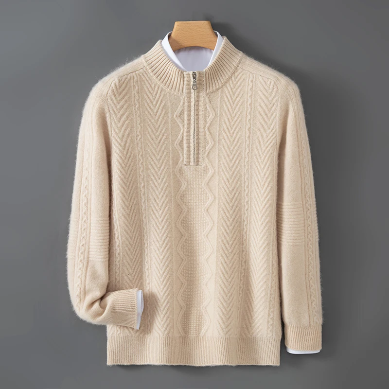 Men's 100%wool pullover sweater business casual knit sweater stand up collar jumper fashionable streetwear loose half zipper top
