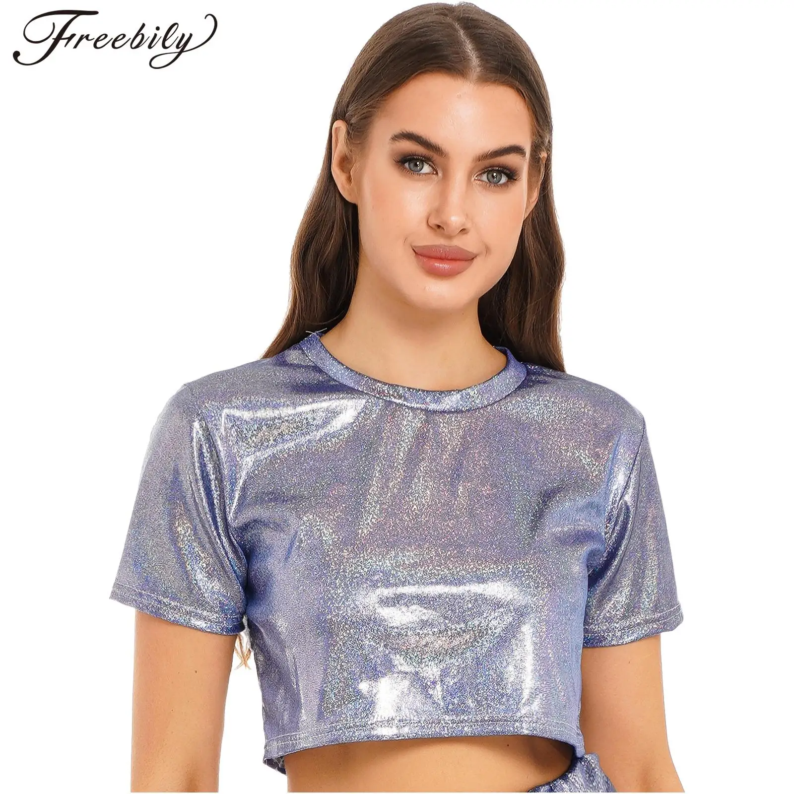 Womens Short Sleeve Metallic Crop Top T-shirt for Jazz Dance Pole Dancing Stage Performance Music Festival Clubwear Streetwear