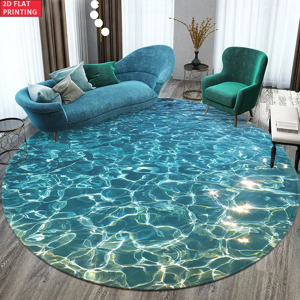 Realistic Sparkling Water Wave Round Rug,Turquoise Pool Sunlight Ripple Printed Circular Floor Mat,Living Room Decor Carpet