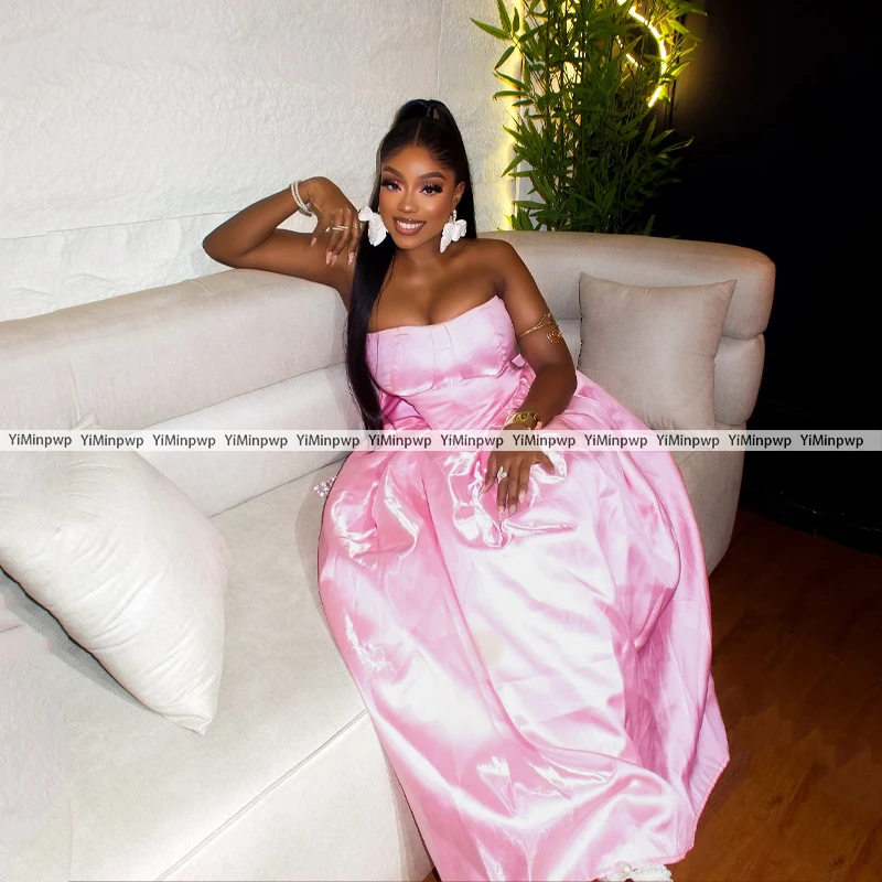 Aso Ebi Satijn Roze Elegante Bruiloft Jurk Met Strik Strapless A-lijn Verjaardag Jurken Luxe Vloerlengte Recht Op Maat