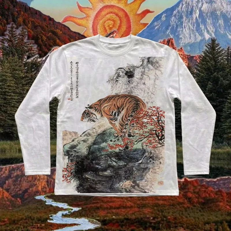 2026 European and American cross border Autumn Winter Y2K Women Fun Horror Tiger Graphic Print Daily Versatile Long Sleeve