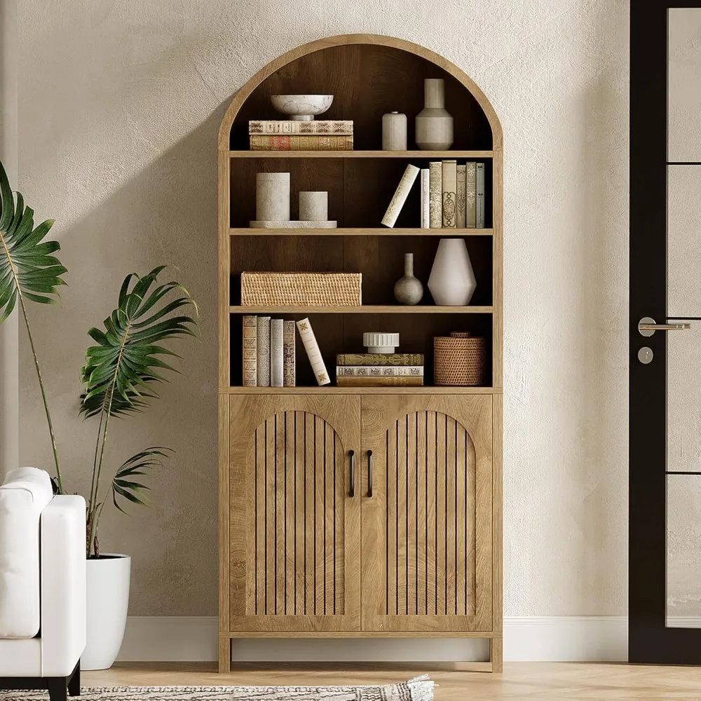 خزانة كتب مقوسة بطول 70.9 بوصة، رف كتب من 8 طبقات مع أبواب وأرفف قابلة للتعديل، خزانة كتب كبيرة للمزرعة للعيش
