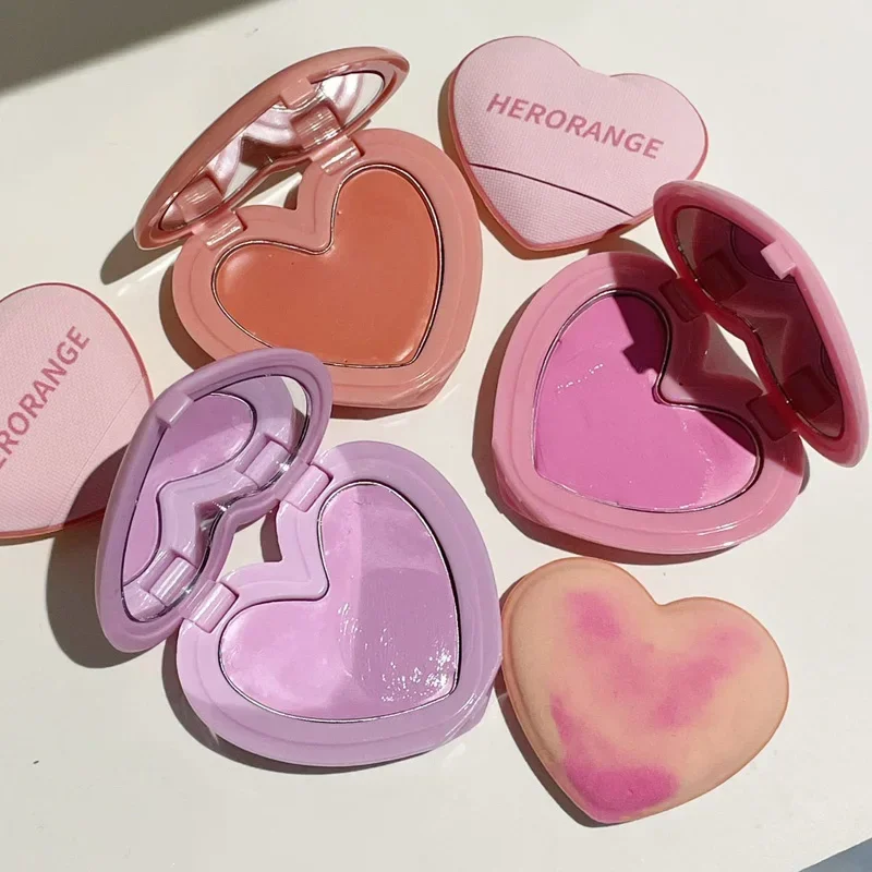 Purple Peach Cream Blush Makeup Palette Moisturizing Cheek Tint 3 Colors Orange Peach Pink Blusher Love Shape Blush With Puff