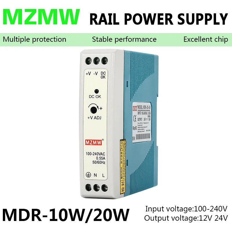 10W 20W DIN Rail Switching Power Supply MDR Series 5V 12V 24V 110V/220v AC To DC Industrial Stabilizer Transformer