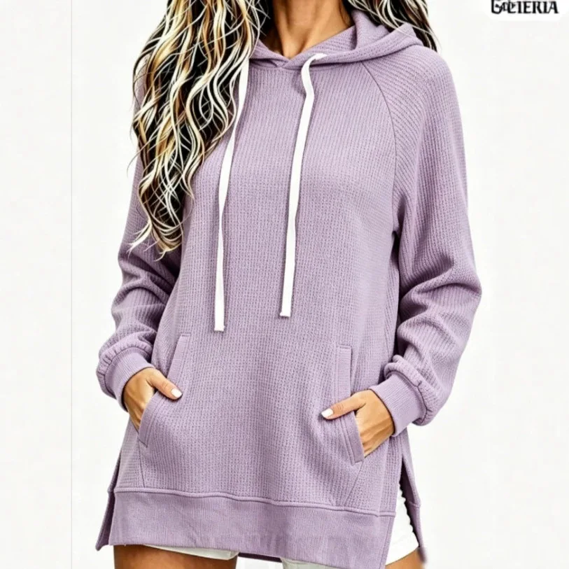 Women's Drawstring Hooded Sweatshirt Long Sleeve Side Split Hem Front Pockets Loose Fit Office Daily Wear Casual Pullover Hoodie
