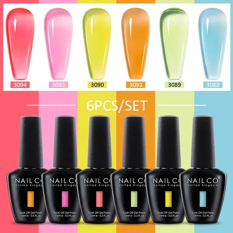 NAILCO 젤 네일 광택제, 반투명 여름 컬러 네일 아트, UV 네일 젤 디자인, 레이키리 하이브리드 버니스, 15ml, 6 개/세트