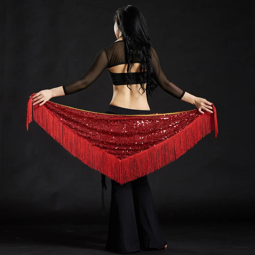 New Belly Dance Hip Scarf Triangle Mesh Diamond HipTowel Multi Layer Tassel Beaded Waist Chain Group Versatile Practice