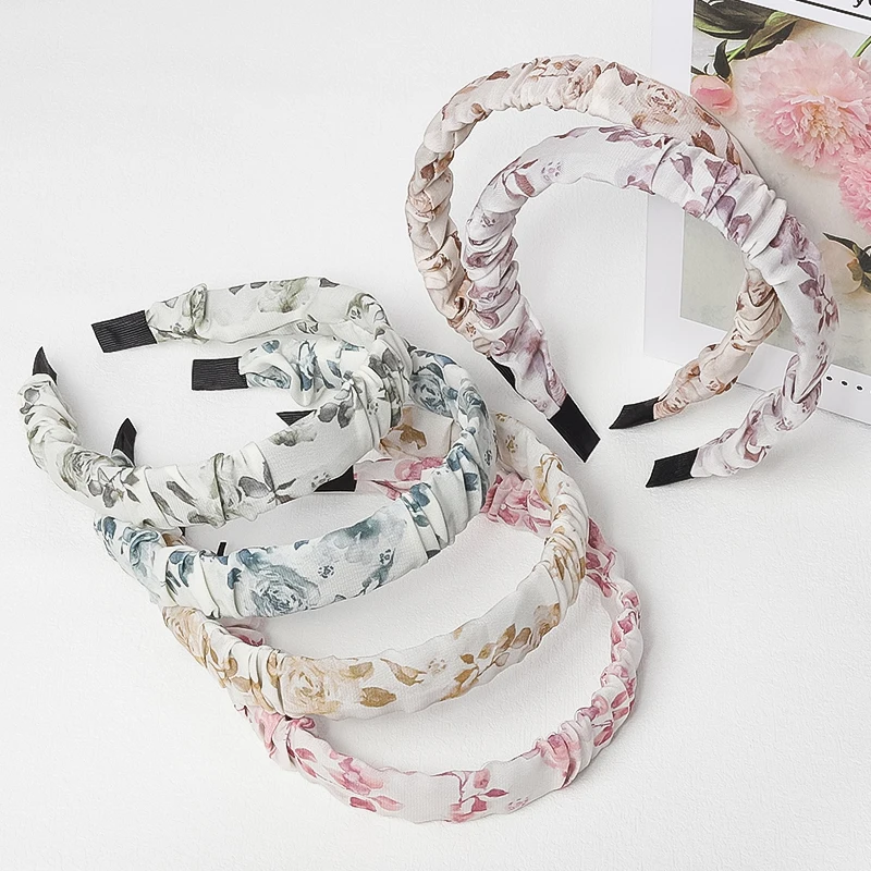 2.5cm Pleated Smudged Rose Print Headband for Women French Gentle Floral Hairband Fresh and Sweet Girly Hair Accessories