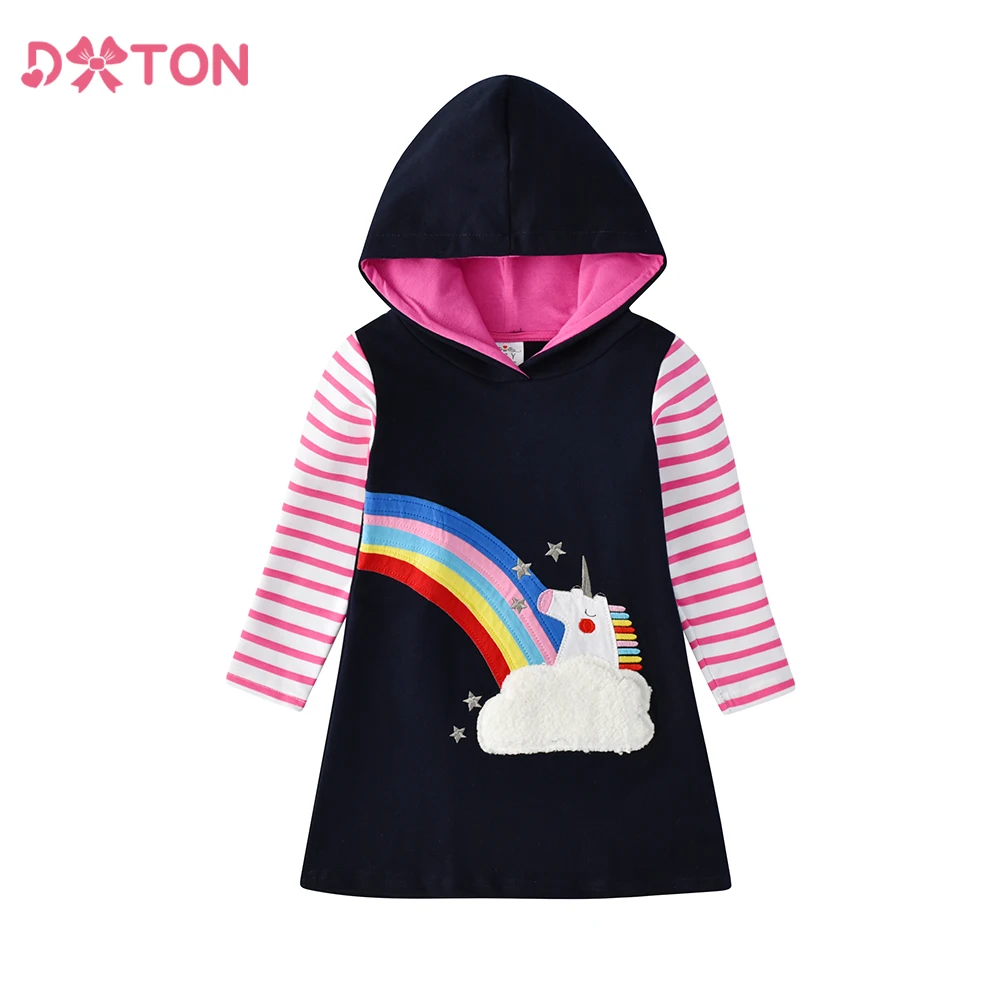 

DXTON Осеннее полосатое платье с капюшоном для маленьких девочек, детское прямое платье с радужной аппликацией, повседневная детская хлопковая одежда с капюшоном с героями мультфильмов