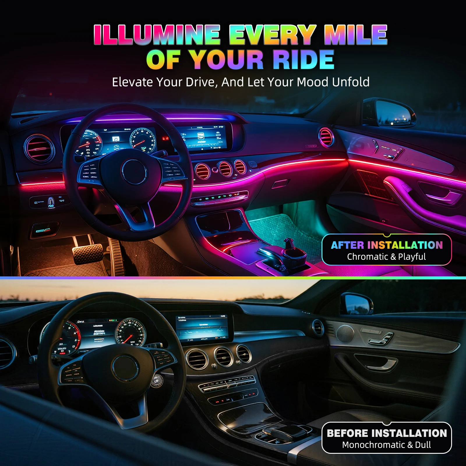 BEVINSEE الملونة المحيطة قطاع ضوء سيارة 6in1 RGB الاكريليك LED المحيطة مصابيح النيون سيارة الديكور APP التحكم عن بعد USB التوصيل 12 فولت