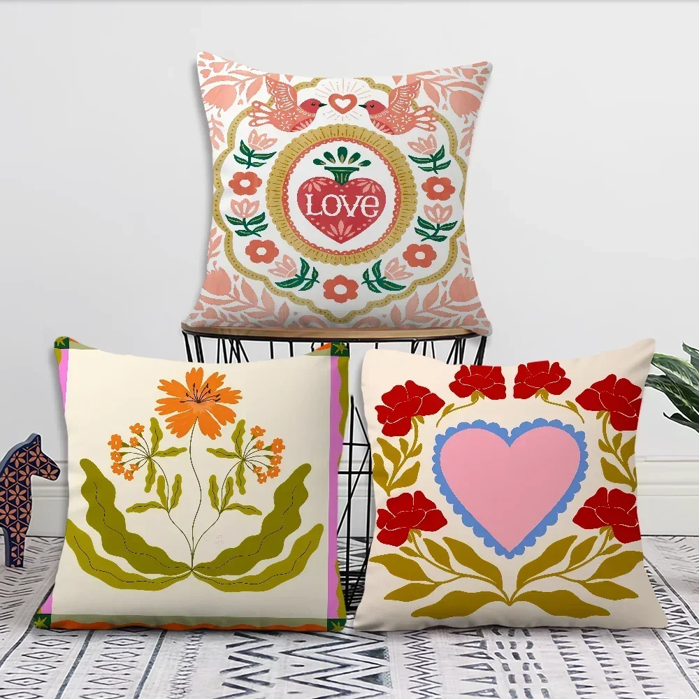 Set of 4 Decorative Throw Pillow Covers Boho Floral Love Heart Print for Sofa Couch Home Decor18x18 inch