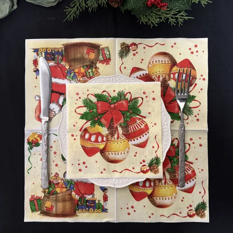 20pcs 2Ply Cartoon Santa Claus Bell Wreath Bow Pinecone Pattern Christmas Napkins Party Decoration Tissue DIY Decoupage Paper
