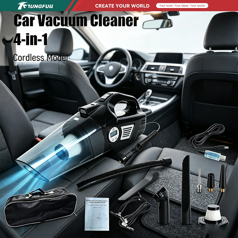 Handheld 4‑in‑1 Car Vacuum Cleaner Digital Display Tire Inflator Compressor Wired / Cordless For Car Cleaning & Tire Inflating