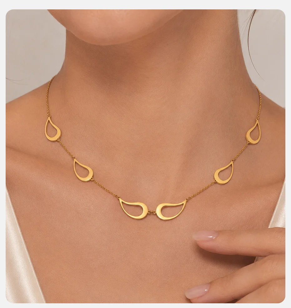 Vnox Trendige Tropfen-Choker-Halskette für Damen, 18K vergoldeter Edelstahl, Hohl-Anhänger-Halskette, minimalistischer Alltagsschmuck – Detail 2