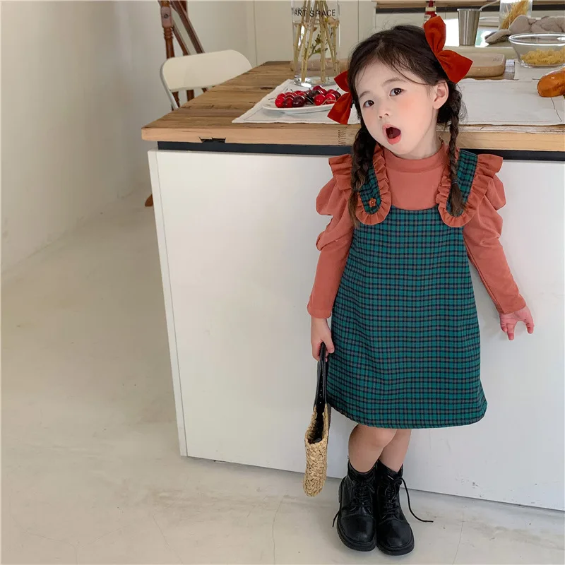 MILANCEL New Spring Kids Clothes Set Children Bubble Sleeve T-shirt+Check Strap Skirt Suit Girls Cute Tops