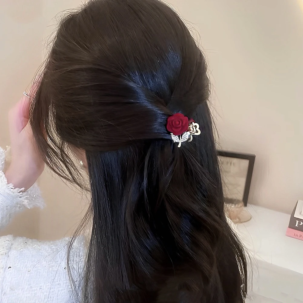 Fashion Rhinestone Rose Flower Shaped Hair Clips Women Girls Simple Side Bangs Metal Jaw Clip Mini Headwear Party Birthday Gift