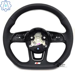 For Audi RS3 RS4 RS5 A3 8V A4 B9 A5 S3 S4 S5 Black Stitching Fully Perforated Leather Flat Bottom Steering Wheel