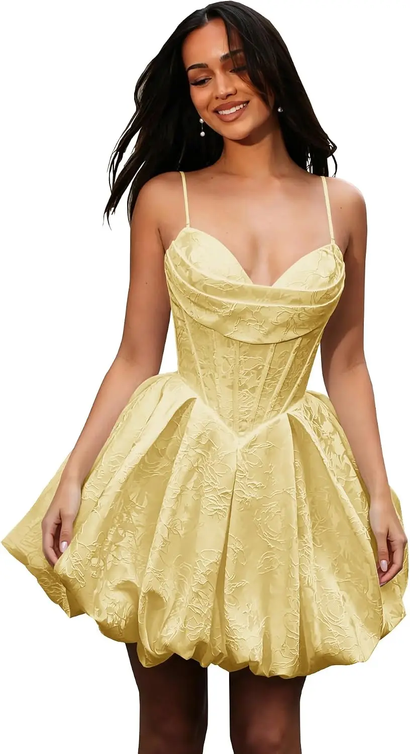 Women's Adjustable Spaghetti Straps Mini Homecoming Dress V Neck Jacquard Satin Puffy Bubble Hem Flared Skirt Graduation Dress