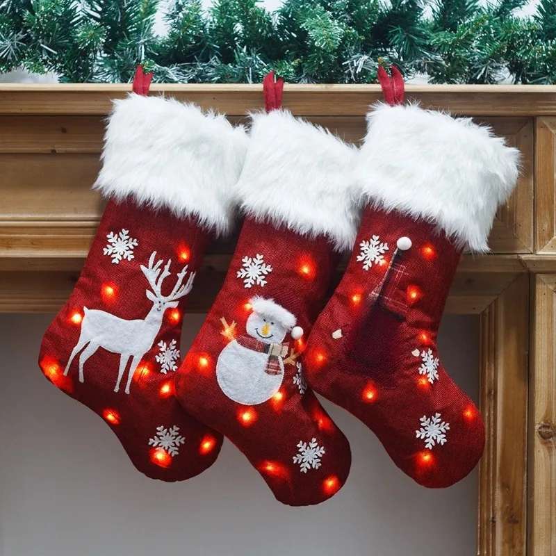 1pcs New Christmas Decorations with Lights Red Hemp Embroidered Christmas Socks, Gift Bags, Luminous Christmas Socks Lights