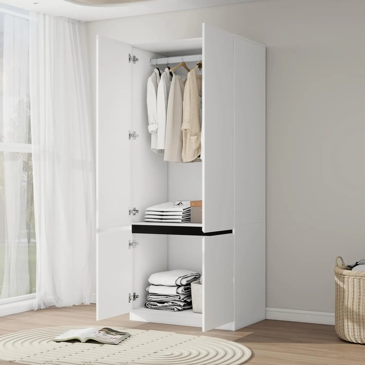 White Wardrobe Closet with 2 Doors 75"H x 31.5"W Bedroom Cabinet for Clothes Wooden with Hanging Rod & Shelves, Customized view 4