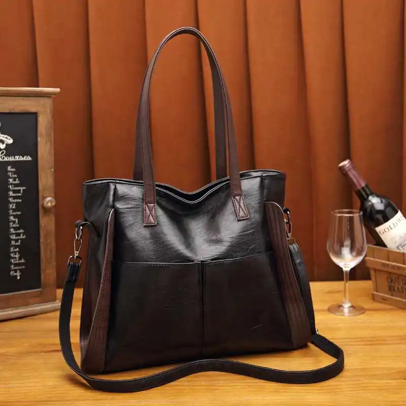 

Tendy Spring Summer Large Capaci Soft Women's Bag Casual Daily Use PU Leather Decorative Stitching Top Handle Tote
