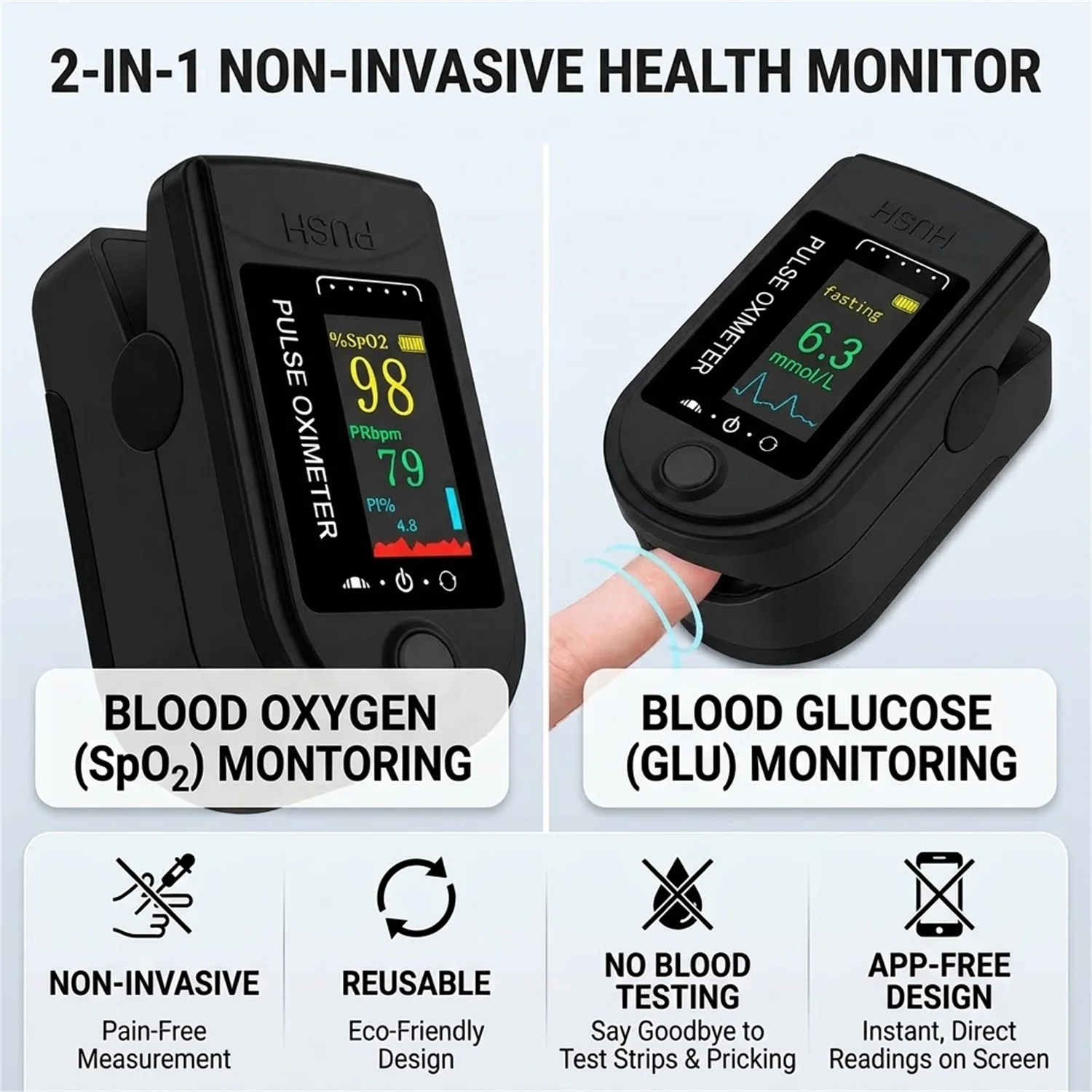 Fingertip Digital Pulse Oximeter Oxygen And Heart Rate Fingertip Blood Glucose Meter 2 In 1 Blood Glucose Blood Oxygen Monitor