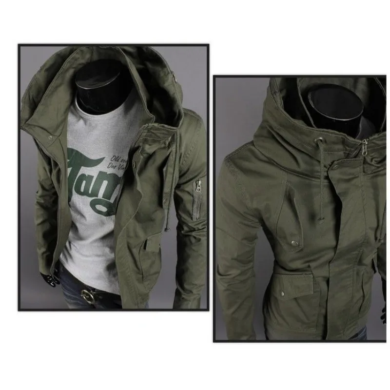 Men Bomber Jacket Military Multi-Pocket Hooded Coat Slim Men Clothing Zipper Long Sleeve Outerwear Green Black Blue Streetwear