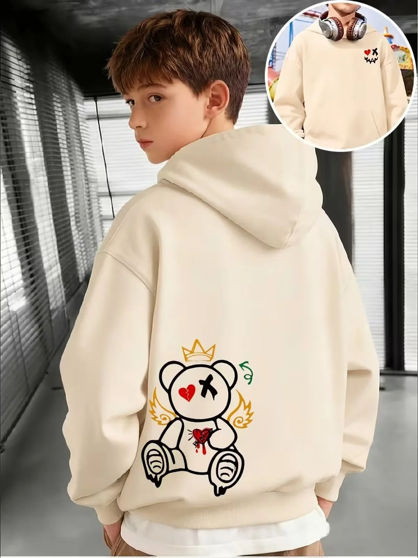 Korea Hot Crown Broken Heart Bear Graphic Hoodie Unisex Streetwear Pullover Hooded Sweatshirt Loose Fit Autumn