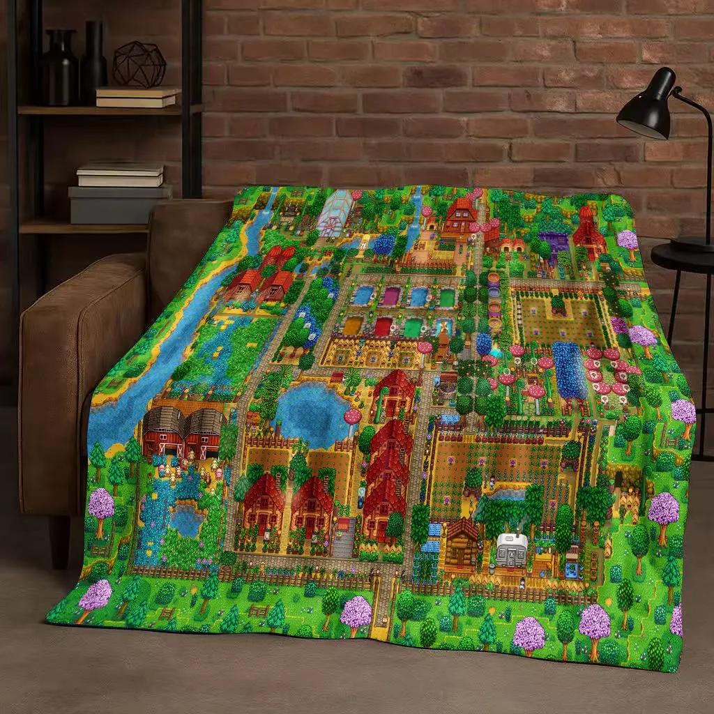 Classic Stardew Valley Farm Map Pixel Game Flannel Blanket,Ultra Soft Warm Plush Throw for Home Bedroom Bed Sofa Cover Kid Gift